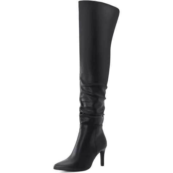 Women Pu Black Polyurethane Over The Knee Stiletto Heel Pointed Toe Long Boot - Picture 1 of 6
